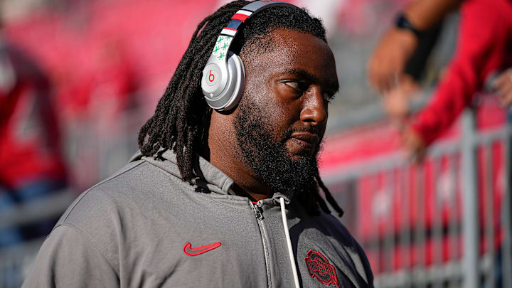 Sep 7, 2024; Columbus, Ohio, USA; Ohio State Buckeyes offensive lineman Donovan Jackson enters Ohio Stadium prior to the NCAA football game against the Western Michigan Broncos.