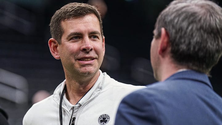 Feb 6, 2025; Boston, Massachusetts, USA; Boston Celtics general manager Brad Stevens on the court before the start of the game against the Dallas Mavericks at TD Garden. Mandatory Credit: David Butler II-Imagn Images