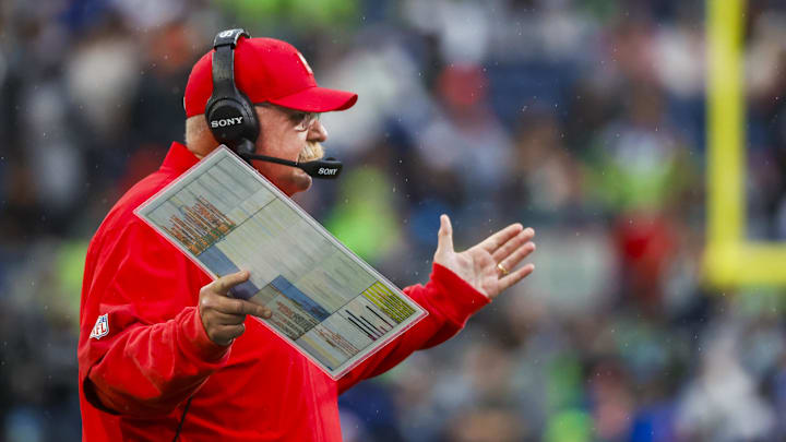 Aug 15, 2025; Seattle, Washington, USA; Kansas City Chiefs head coach Andy Reid reacts to a fourth down stop by the Seattle Seahawks during the first quarter at Lumen Field. Mandatory Credit: Joe Nicholson-Imagn Images Aug 15, 2025; Seattle, Washington, USA; Kansas City Chiefs head coach Andy Reid reacts to a fourth down stop by the Seattle Seahawks during the first quarter at Lumen Field. Mandatory Credit: Joe Nicholson-Imagn Images