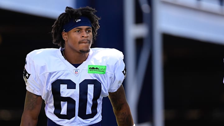 Aug 2, 2023; Foxborough, MA, USA; New England Patriots wide receiver Demario Douglas (60) heads to