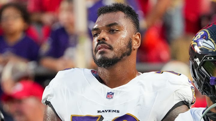 Sep 5, 2024; Kansas City, Missouri, USA; Baltimore Ravens offensive tackle Ronnie Stanley (79) on field prior to a game against the Kansas City Chiefs at GEHA Field at Arrowhead Stadium. Mandatory Credit: Denny Medley-Imagn Images