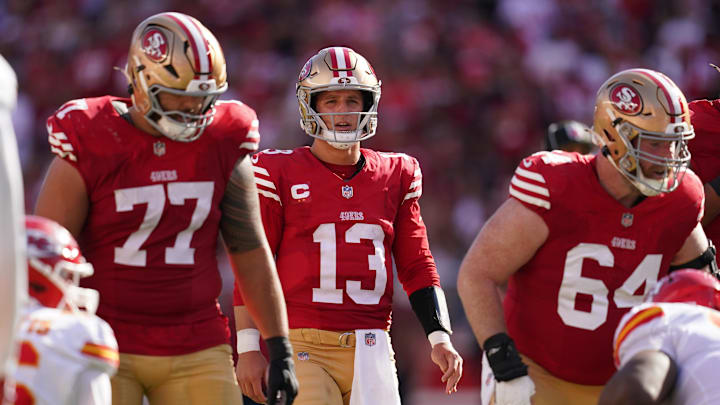 Oct 20, 2024; Santa Clara, California, USA; San Francisco 49ers quarterback Brock Purdy (13) walks towards the line of scrimmage against the Kansas City Chiefs in the third quarter at Levi's Stadium. Mandatory Credit: Cary Edmondson-Imagn Images Oct 20, 2024; Santa Clara, California, USA; San Francisco 49ers quarterback Brock Purdy (13) walks towards the line of scrimmage against the Kansas City Chiefs in the third quarter at Levi's Stadium. Mandatory Credit: Cary Edmondson-Imagn Images