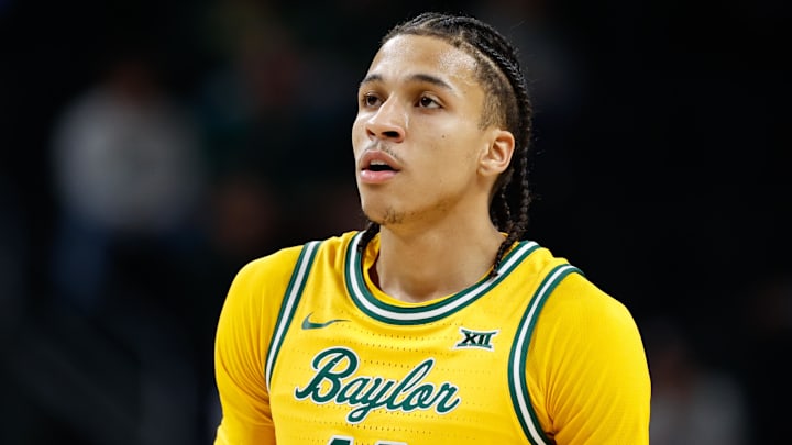 Jan 20, 2026; Waco, Texas, USA; Baylor Bears guard Cameron Carr (43) reacts during the first half against the Texas Tech Red Raiders at Paul and Alejandra Foster Pavilion. Mandatory Credit: Chris Jones-Imagn Images