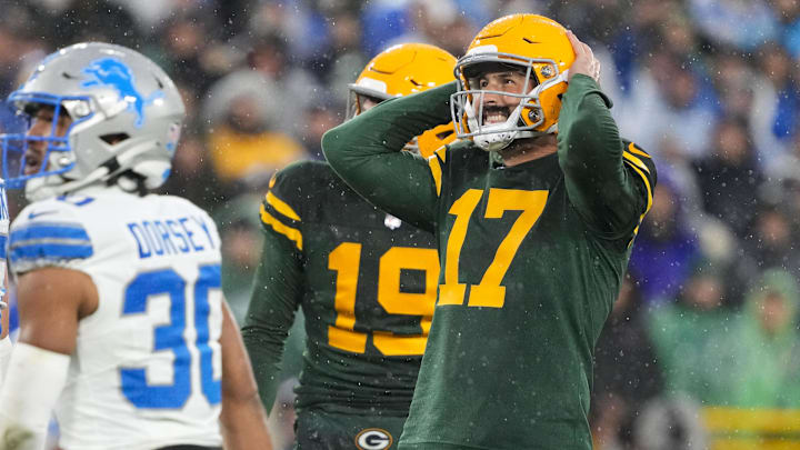 Nov 3, 2024; Green Bay, Wisconsin, USA; Green Bay Packers kicker Brandon McManus (17) reacts after missing a field goal during the second quarter against the Detroit Lions at Lambeau Field. Mandatory Credit: Jeff Hanisch-Imagn Images Nov 3, 2024; Green Bay, Wisconsin, USA; Green Bay Packers kicker Brandon McManus (17) reacts after missing a field goal during the second quarter against the Detroit Lions at Lambeau Field. Mandatory Credit: Jeff Hanisch-Imagn Images
