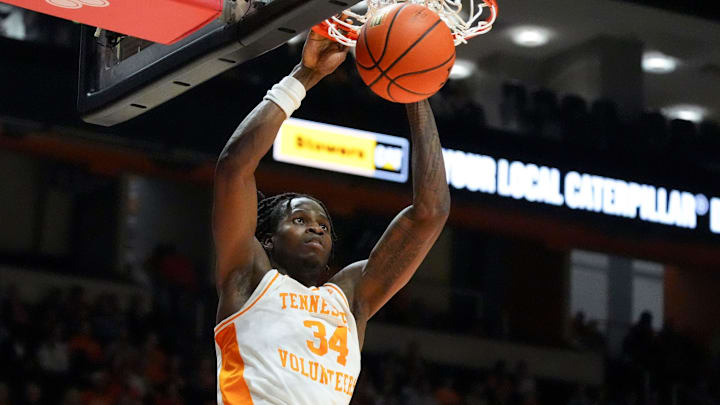 Tennessee's Felix Okpara (34) scores with a dunk during an NCAA college basketball game against Austin Peay on Sunday, Nov. 17, 2024, in Knoxville, Tenn.