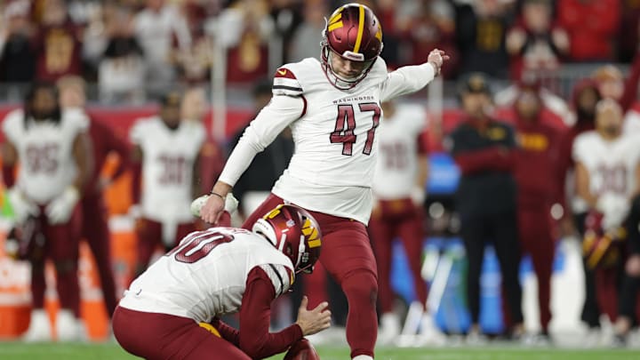 Washington Commanders place kicker Zane Gonzalez (47) kicks the game-wining field goal during the fourth quarter of a NFC wild card playoff against the Tampa Bay Buccaneers.