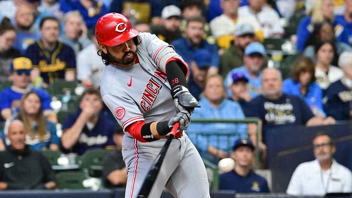 Sep 13, 2026; Milwaukee, Wisconsin, USA; Cincinnati Reds third baseman Eugenio Suarez (28) hits a three-run home run in the sixth inning against the Milwaukee Brewers at American Family Field. Mandatory Credit: Benny Sieu-Imagn Images Sep 13, 2026; Milwaukee, Wisconsin, USA; Cincinnati Reds third baseman Eugenio Suarez (28) hits a three-run home run in the sixth inning against the Milwaukee Brewers at American Family Field. Mandatory Credit: Benny Sieu-Imagn Images
