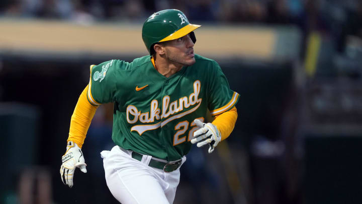 May 12, 2023; Oakland, California, USA; Oakland Athletics right fielder Ramon Laureano (22) runs to first base after hitting a triple against the Texas Rangers during the fourth inning at Oakland-Alameda County Coliseum. Mandatory Credit: Darren Yamashita-USA TODAY Sports