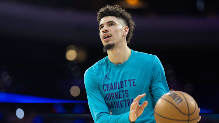 Mar 1, 2024; Philadelphia, Pennsylvania, USA; Charlotte Hornets guard LaMelo Ball practices before a game against the Philadelphia 76ers at Wells Fargo Center. Mandatory Credit: Bill Streicher-USA TODAY Sports