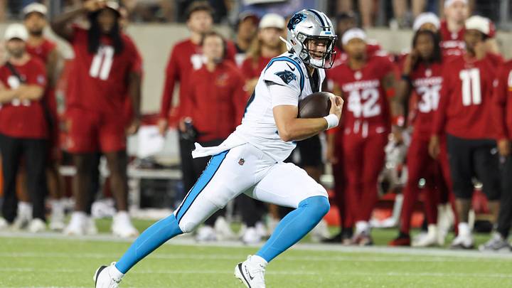 Carolina Panthers quarterback Haynes King (16) runs the ball during the game against the Arizona Cardinals 