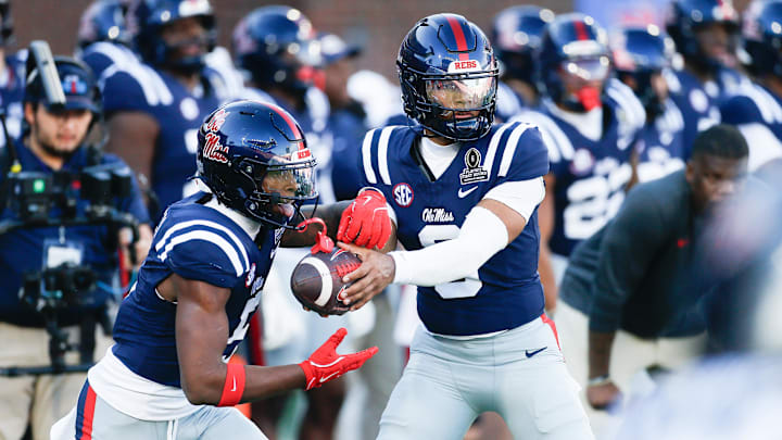 Dec 20, 2025; Oxford, MS, USA; Mississippi Rebels quarterback Trinidad Chambliss (6) and running back Kewan Lacy (5) warm up prior to a game against the Tulane Green Wave at Vaught-Hemingway Stadium. Mandatory Credit: Petre Thomas-Imagn Images
