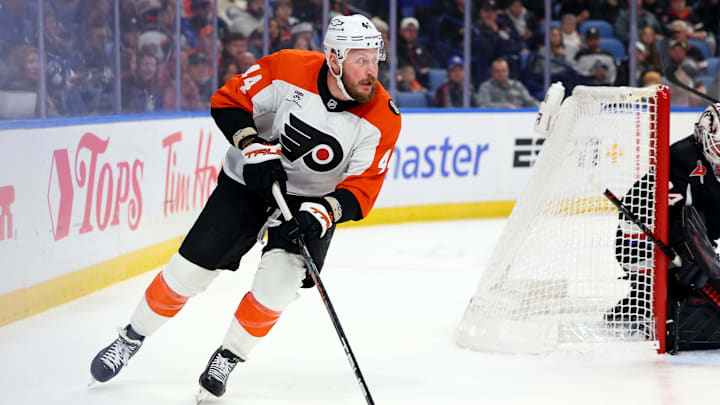 Dec 18, 2025; Buffalo, New York, USA;  Philadelphia Flyers left wing Nicolas Deslauriers (44) looks to make a pass from behind the net during the first period against the Buffalo Sabres at KeyBank Center. Mandatory Credit: Timothy T. Ludwig-Imagn Images