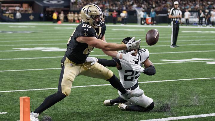 Aug 15, 2026; New Orleans, Louisiana, USA; New Orleans Saints tight end Oscar Delp (88) fumbles but had moved the ball across the goal line for a touchdown against Jacksonville Jaguars defensive back Rayuan Lane III (25) during the second quarter and the ball eventually ended up out of bounds at Caesars Superdome. Mandatory Credit: Matthew Hinton-Imagn Images Aug 15, 2026; New Orleans, Louisiana, USA; New Orleans Saints tight end Oscar Delp (88) fumbles but had moved the ball across the goal line for a touchdown against Jacksonville Jaguars defensive back Rayuan Lane III (25) during the second quarter and the ball eventually ended up out of bounds at Caesars Superdome. Mandatory Credit: Matthew Hinton-Imagn Images