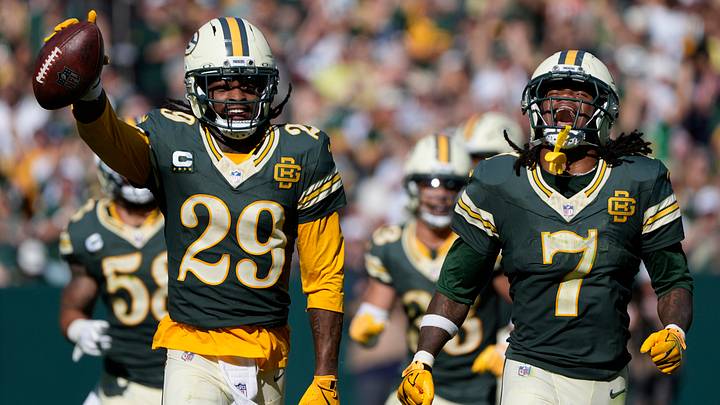Oct 11, 2026; Green Bay, Wisconsin, USA;  Green Bay Packers safety Xavier McKinney (29) celebrates intercepting a pass with safety Javon Bullard (7) against the Chicago Bears at Lambeau Field.  Mandatory Credit: Dan Powers USAToday Network via IMAGN images