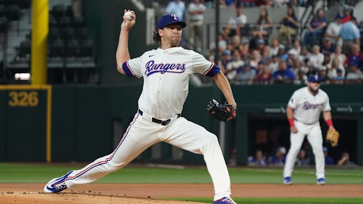 Aug 9, 2025; Arlington, Texas, USA; Texas Rangers pitcher Jacob deGrom (48) throws to the plate during the first inning against the Philadelphia Phillies at Globe Life Field. Aug 9, 2025; Arlington, Texas, USA; Texas Rangers pitcher Jacob deGrom (48) throws to the plate during the first inning against the Philadelphia Phillies at Globe Life Field.