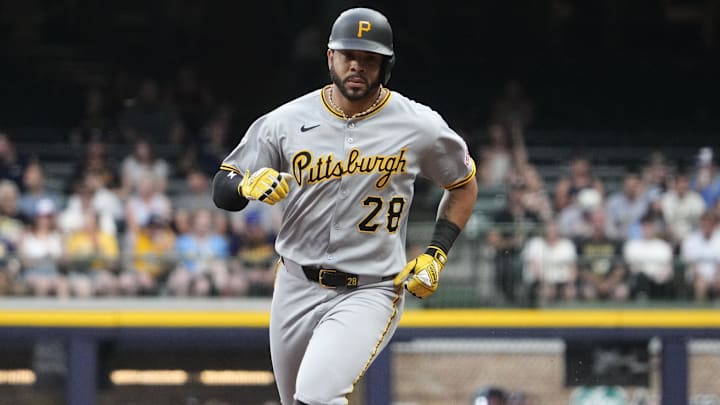 Jun 23, 2025; Milwaukee, Wisconsin, USA; Pittsburgh Pirates outfielder Tommy Pham (28) rounds the bases after hitting a home run against the Milwaukee Brewers in the fourth inning at American Family Field. Mandatory Credit: Michael McLoone-Imagn Images