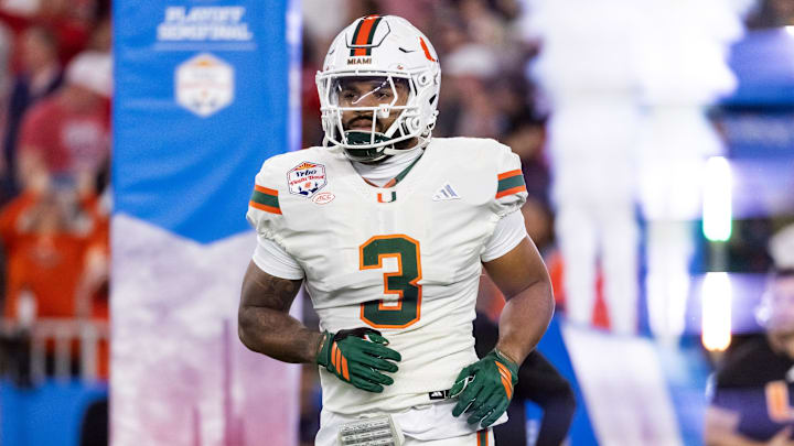 Jan 8, 2026; Glendale, AZ, USA; Miami Hurricanes defensive lineman Akheem Mesidor (3) against the Mississippi Rebels during the 2026 Fiesta Bowl and semifinal game of the College Football Playoff at State Farm Stadium. Mandatory Credit: Mark J. Rebilas-Imagn Images