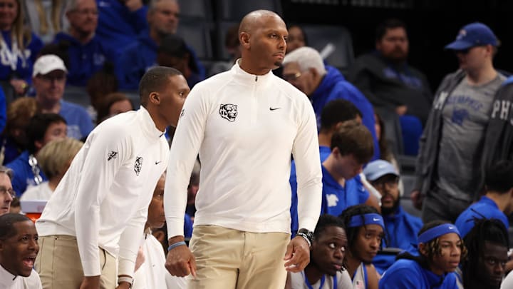 Dec 21, 2024; Memphis, Tennessee, USA; Penny Hardaway head coach of the Memphis Tigers looks on against the Mississippi State Bulldogs during the second half at FedExForum. Mandatory Credit: Wesley Hale-Imagn Images