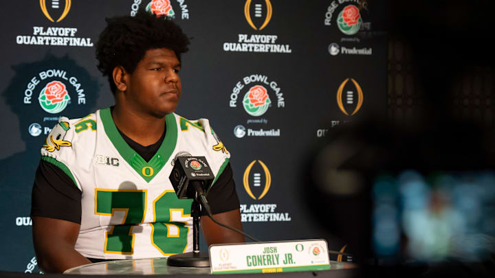 Oregon offensive lineman Josh Conerly Jr. speaks during media day for the Oregon Ducks in Los Angeles ahead of the Rose Bowl Monday, Dec. 30, 2024.