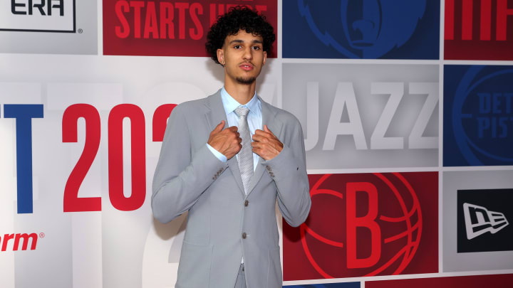 Zaccharie Risacher arrives for the first round of the 2024 NBA draft at Barclays Center.