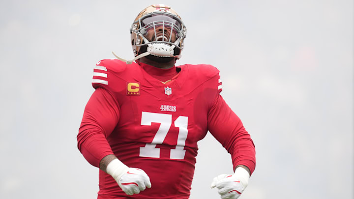 Dec 14, 2025; Santa Clara, California, USA;  San Francisco 49ers offensive tackle Trent Williams (71) enters the field prior to the first half against the Tennessee Titans at Levi's Stadium. Mandatory Credit: Cary Edmondson-Imagn Images