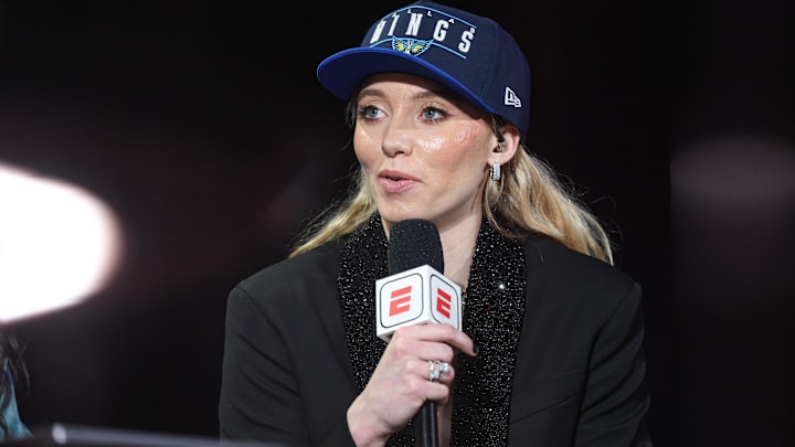 Paige Bueckers is interviewed by ESPN after being selected with the number one overall pick to the Dallas Wings in the 2025 WNBA Draft at The Shed at Hudson Yards.