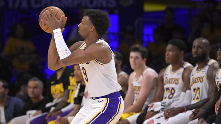 Los Angeles Lakers guard Bronny James (9) takes a shot in the second half against the Minnesota Timberwolves at Crypto.com Arena. Los Angeles Lakers guard Bronny James (9) takes a shot in the second half against the Minnesota Timberwolves at Crypto.com Arena.