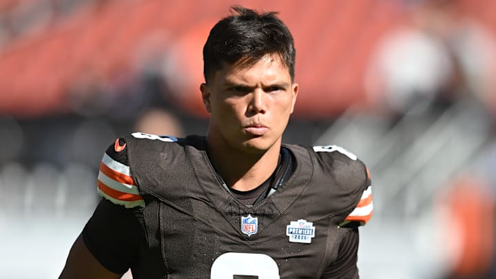 Sep 7, 2025; Cleveland, Ohio, USA; Cleveland Browns quarterback Dillon Gabriel (8) at Huntington Bank Field. Sep 7, 2025; Cleveland, Ohio, USA; Cleveland Browns quarterback Dillon Gabriel (8) at Huntington Bank Field.