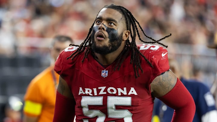 Aug 9, 2025; Glendale, Arizona, USA; Arizona Cardinals defensive lineman Dante Stills (55) against the Kansas City Chiefs during a preseason NFL game at State Farm Stadium. Mandatory Credit: Mark J. Rebilas-Imagn Images