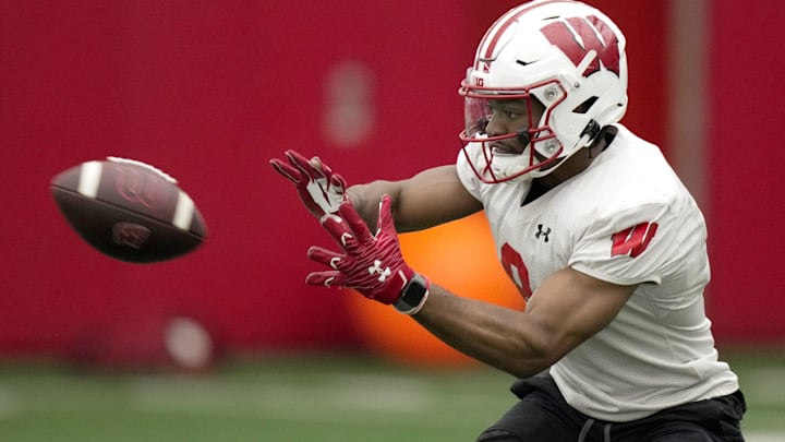 Wisconsin wide receiver Vinny Anthony II (8) is shown during spring football practice Wednesday, April 23, 2025 in Madison, Wisconsin.

Mark Hoffman/Milwaukee Journal Sentinel