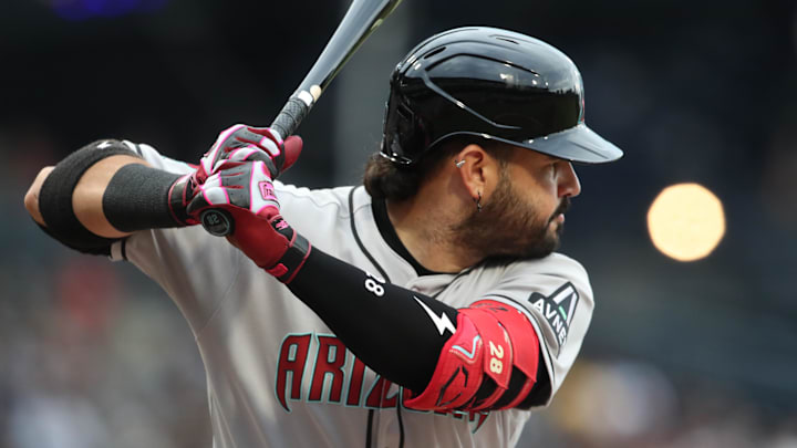 Jul 26, 2025; Pittsburgh, Pennsylvania, USA;  Arizona Diamondbacks third baseman Eugenio Suarez (28) at bat against the Pittsburgh Pirates during the first inning at PNC Park. Mandatory Credit: Charles LeClaire-Imagn Images