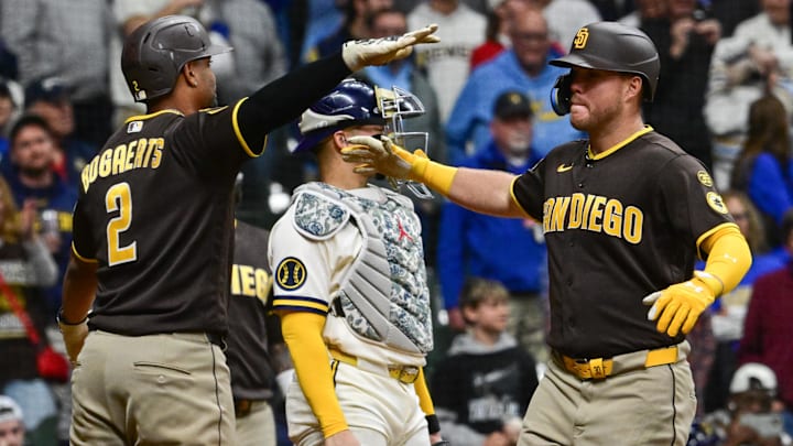 May 13, 2026; Milwaukee, Wisconsin, USA;  San Diego Padres left fielder Gavin Sheets (30) is greeted by San Diego Padres shortstop Xander Bogaerts (2) after hitting a three run home run in the ninth inning against the Milwaukee Brewers at American Family Field. Mandatory Credit: Benny Sieu-Imagn Images