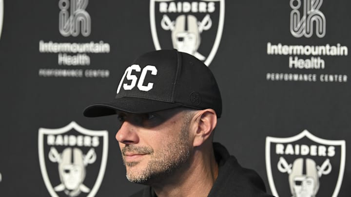 Apr 25, 2025; Henderson, NV, USA; (L-R) Las Vegas Raiders general manager John Spytek during a news conference introducing Ashton Jeanty as the first round draft pick in the 2025 NFL Draft at Intermountain Health Performance Center. Mandatory Credit: Candice Ward-Imagn Images