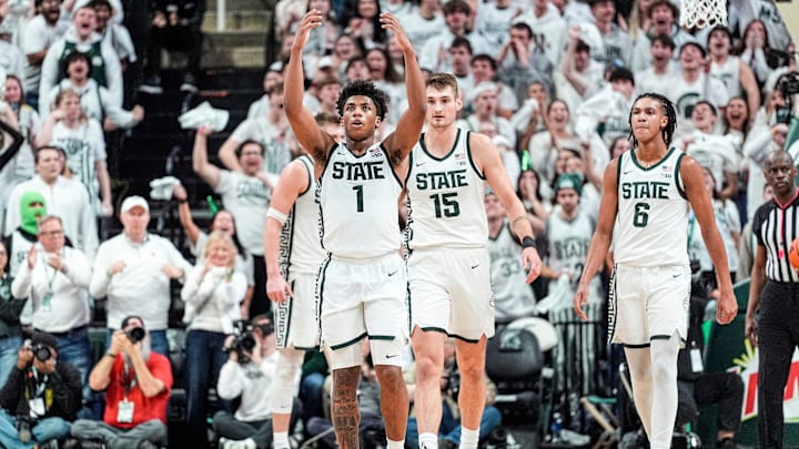 Michigan State guard Jeremy Fears Jr. (1) celebrates a play against Michigan during the second half at Breslin Center in East Lansing on Friday, Jan. 30, 2026.