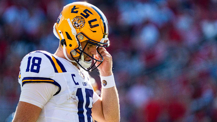 LSU quarterback Garrett Nussmeier (18) walks across the field during a college football game between Ole Miss and LSU at Vaught-Hemingway Stadium in Oxford, Miss., on Saturday, Sept. 27, 2025. Ole Miss defeated LSU 24-19.