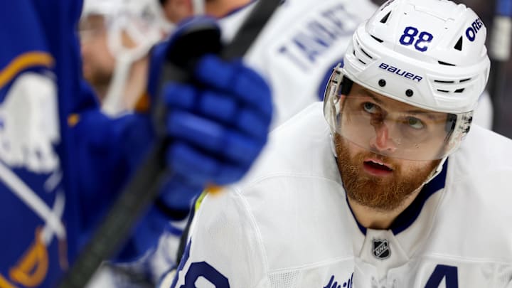 Mar 14, 2026; Buffalo, New York, USA;  Toronto Maple Leafs right wing William Nylander (88) during a stoppage in play against the Buffalo Sabres at KeyBank Center. Mandatory Credit: Timothy T. Ludwig-Imagn Images