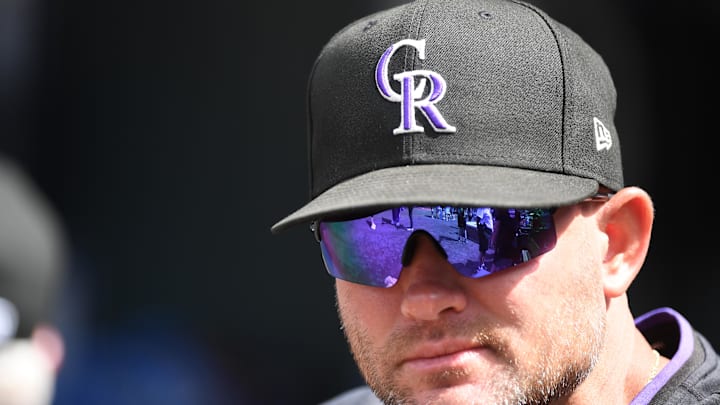 Sep 7, 2025; Denver, Colorado, USA; Colorado Rockies interim manager Warren Schaeffer (34) looks on from the bench before the game against the San Diego Padres at Coors Field. Sep 7, 2025; Denver, Colorado, USA; Colorado Rockies interim manager Warren Schaeffer (34) looks on from the bench before the game against the San Diego Padres at Coors Field.