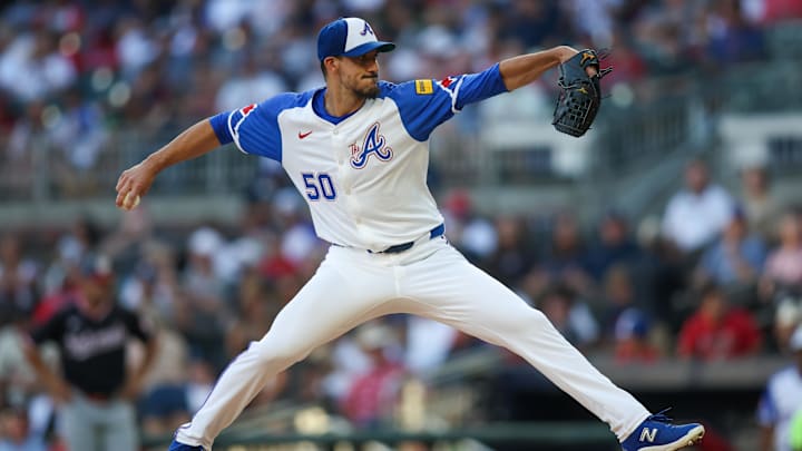 Aug 24, 2024; Atlanta, Georgia, USA; Atlanta Braves starting pitcher Charlie Morton (50) throws against the Washington Nationals in the first inning at Truist Park. Aug 24, 2024; Atlanta, Georgia, USA; Atlanta Braves starting pitcher Charlie Morton (50) throws against the Washington Nationals in the first inning at Truist Park.