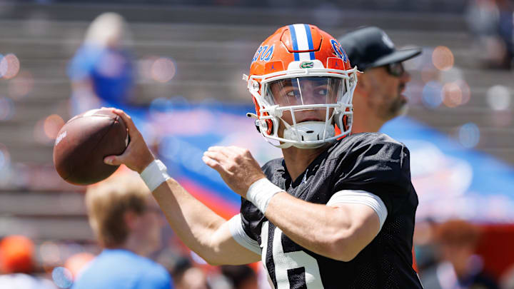 Apr 12, 2025; Gainesville, FL, USA; Florida Gators quarterback Aidan Warner (16) throws the ball before the game at Ben Hill Griffin Stadium. Mandatory Credit: Matt Pendleton-Imagn Images Apr 12, 2025; Gainesville, FL, USA; Florida Gators quarterback Aidan Warner (16) throws the ball before the game at Ben Hill Griffin Stadium. Mandatory Credit: Matt Pendleton-Imagn Images