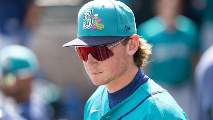 Feb 23, 2026; Phoenix, Arizona, USA; Seattle Mariners shortstop Colt Emerson against the Los Angeles Dodgers during a spring training game at Camelback Ranch-Glendale. Mandatory Credit: Mark J. Rebilas-Imagn Images