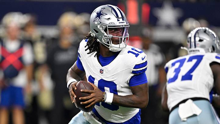 Dallas Cowboys quarterback Joe Milton III looks to pass against the New Orleans Saints in the first quarter at AT&T Stadium. Dallas Cowboys quarterback Joe Milton III looks to pass against the New Orleans Saints in the first quarter at AT&T Stadium.