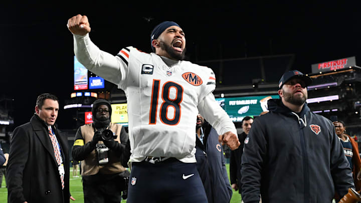 Nov 28, 2025; Philadelphia, Pennsylvania, USA; Chicago Bears quarterback Caleb Williams (18) celebrates after the game against the Philadelphia Eagles at Lincoln Financial Field. Mandatory Credit: Eric Hartline-Imagn Images