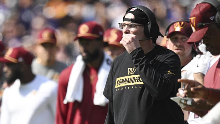 Oct 13, 2024; Baltimore, Maryland, USA;  Washington Commanders head coach Dan Quinn during the first half against the Baltimore Ravens at M&T Bank Stadium.  
