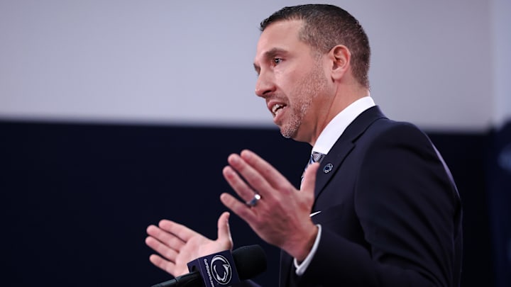 Penn State Nittany Lions football coach Matt Campbell speaks at a press conference at Beaver Stadium. 
