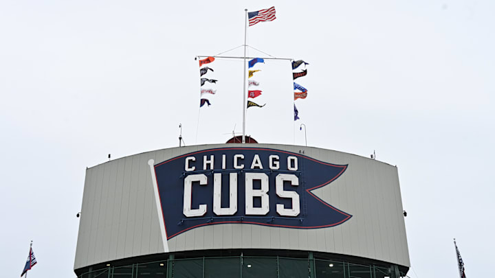 Apr 9, 2025; Chicago, Illinois, USA; The Chicago Cubs flag sign is seen prior to a game between the Texas Rangers and Chicago Cubs at Wrigley Field. Apr 9, 2025; Chicago, Illinois, USA; The Chicago Cubs flag sign is seen prior to a game between the Texas Rangers and Chicago Cubs at Wrigley Field.