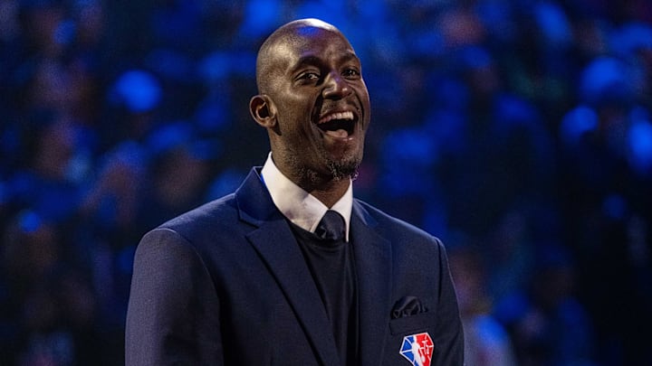 February 20, 2022; Cleveland, Ohio, USA; NBA great Kevin Garnett is honored for being selected to the NBA 75th Anniversary Team during halftime in the 2022 NBA All-Star Game at Rocket Mortgage FieldHouse. February 20, 2022; Cleveland, Ohio, USA; NBA great Kevin Garnett is honored for being selected to the NBA 75th Anniversary Team during halftime in the 2022 NBA All-Star Game at Rocket Mortgage FieldHouse.