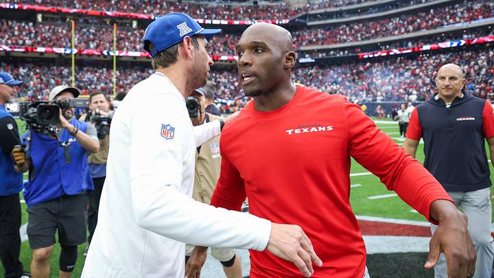 Oct 27, 2024; Houston, Texas, USA; Houston Texans head coach DeMeco Ryans (right) greets Indianapolis Colts head coach Shan Steichen after the game at NRG Stadium. Mandatory Credit: Troy Taormina-Imagn Images Oct 27, 2024; Houston, Texas, USA; Houston Texans head coach DeMeco Ryans (right) greets Indianapolis Colts head coach Shan Steichen after the game at NRG Stadium. Mandatory Credit: Troy Taormina-Imagn Images