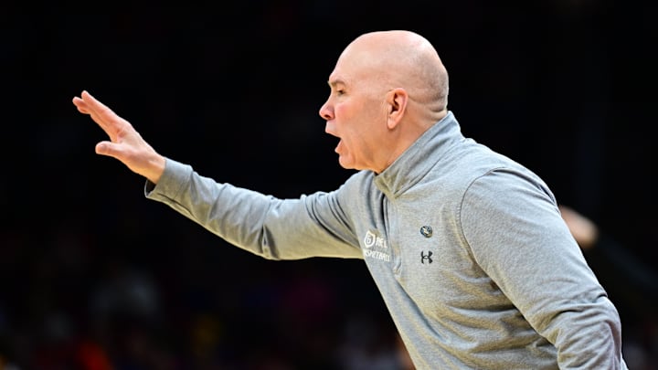 Mar 21, 2025; Cleveland, OH, USA; St. Mary's Gaels head coach Randy Bennett reacts in the first half against the Vanderbilt Commodores at Rocket Arena. Mandatory Credit: Ken Blaze-Imagn Images