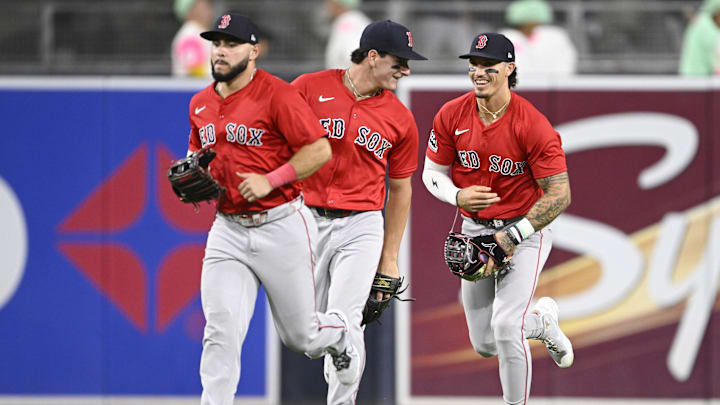 Aug 8, 2025; San Diego, California, USA; Boston Red Sox right fielder Wilyer Abreu (52), left, Roman Anthony (19), center, and Jarren Duran (16) celebrate after the Red Sox beat the San Diego Padres at Petco Park. Mandatory Credit: Denis Poroy-Imagn Images Aug 8, 2025; San Diego, California, USA; Boston Red Sox right fielder Wilyer Abreu (52), left, Roman Anthony (19), center, and Jarren Duran (16) celebrate after the Red Sox beat the San Diego Padres at Petco Park. Mandatory Credit: Denis Poroy-Imagn Images