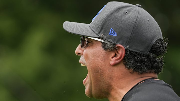 New Kentucky offensive coordinator Bush Hamdan coaches during practice Friday. August 2, 2024 in Lexington. Hamdan came from Boise State; he's also coached at Missouri, the Atlanta Falcons and Florida as well.